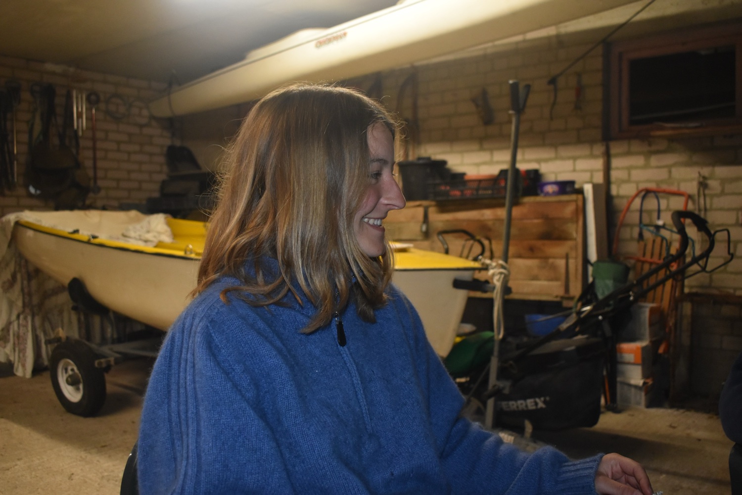 Rosie in the boat shed